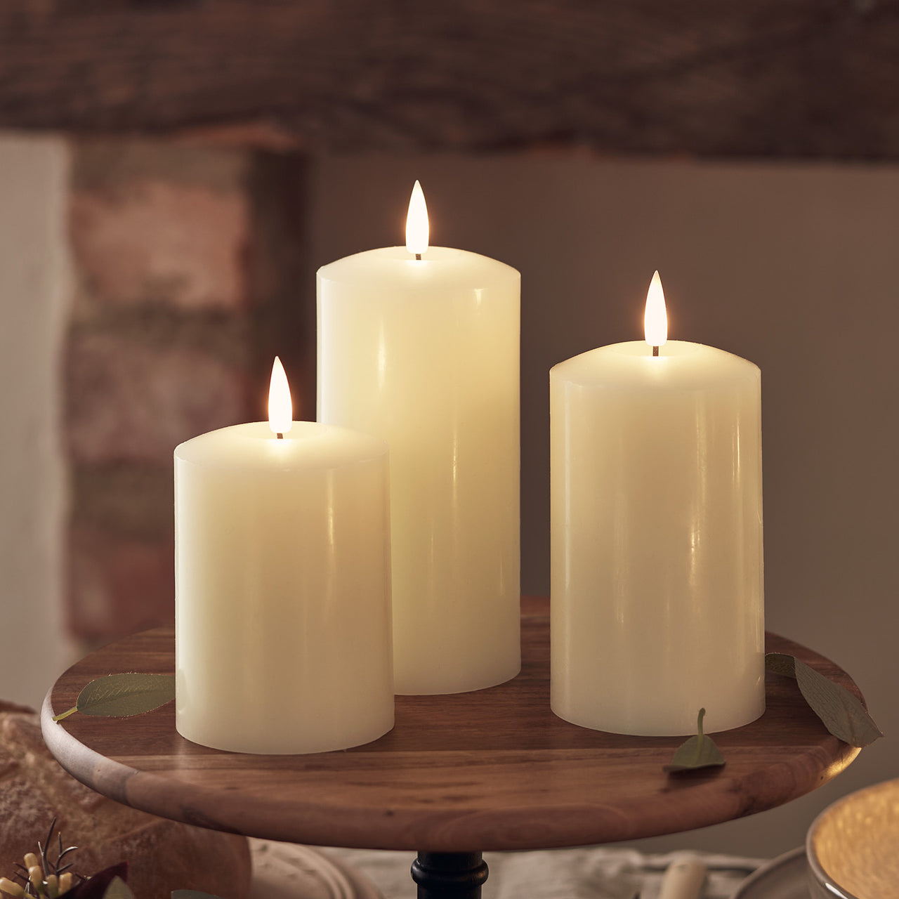Lot de 3 bougies blanches en cire, flamme mobile, h 12,5-15-17,5, Ø 7,5 cm,  verre transparent