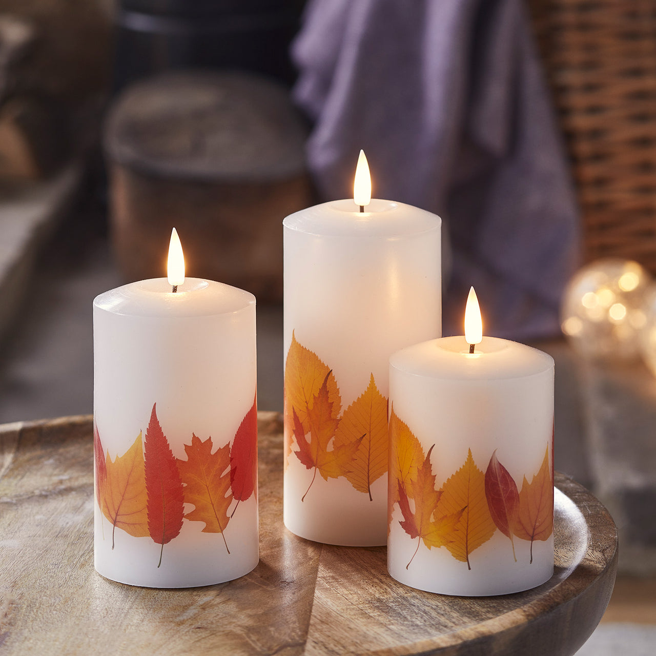 3 Bougies Piliers TruGlow à Motif Feuilles d'Automne