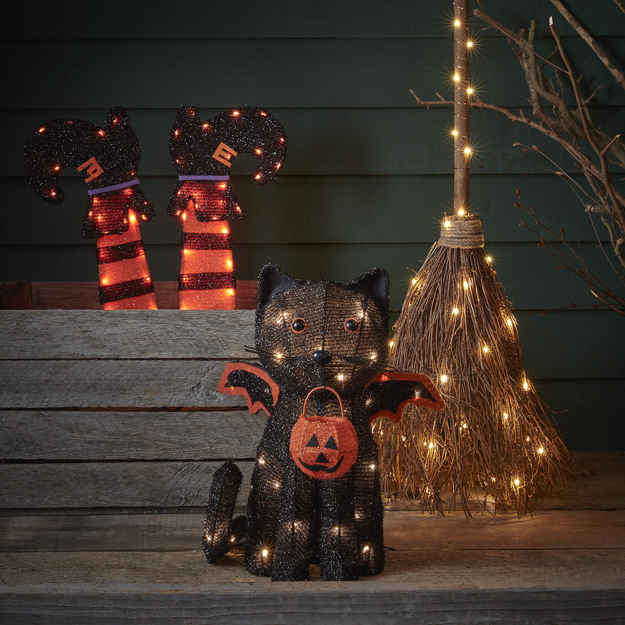 Lot de Décorations d'Halloween Chat Chauve-souris, Balai et Jambes de Sorcière