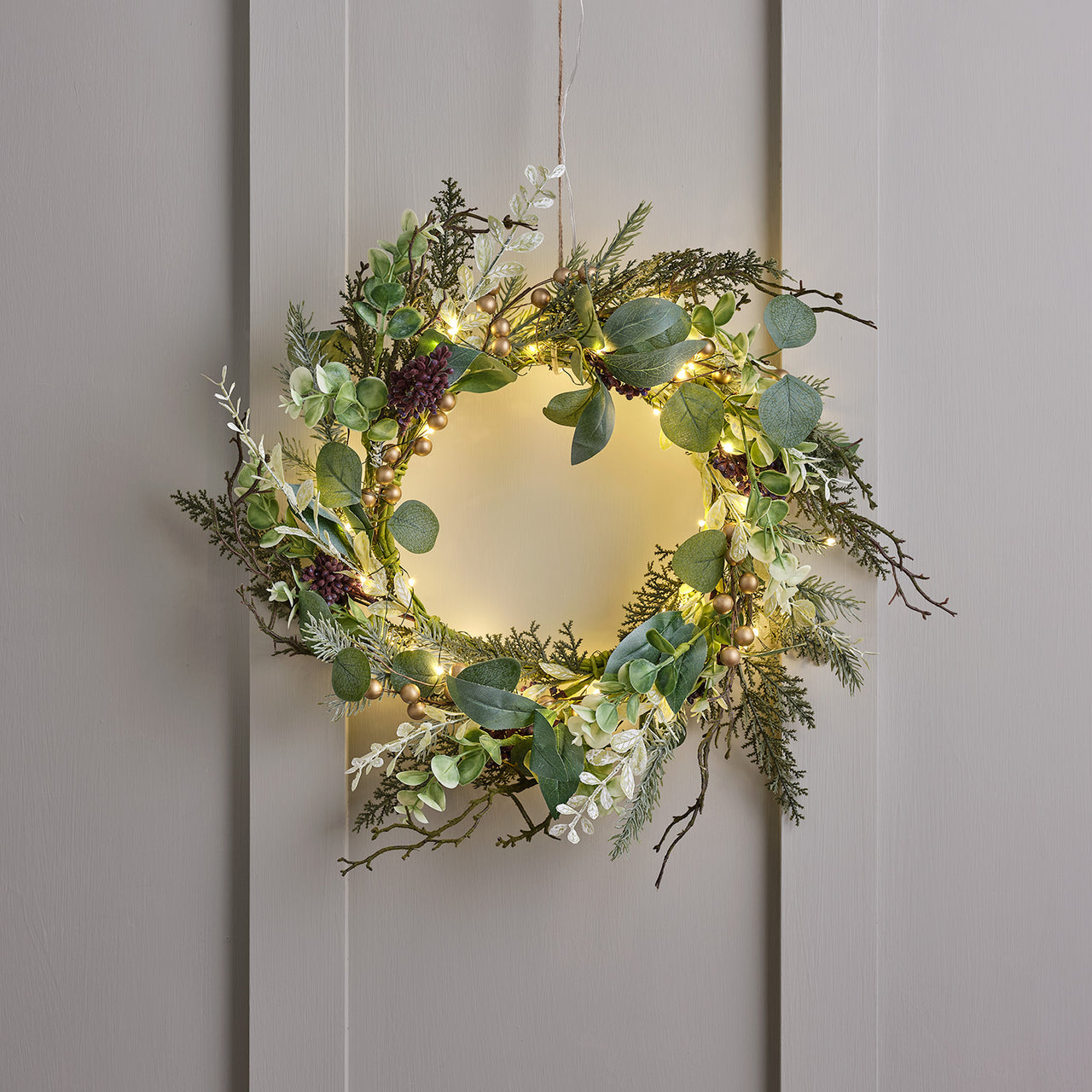 Couronne de Noël de 40 cm à Baies dorées et Micro LED