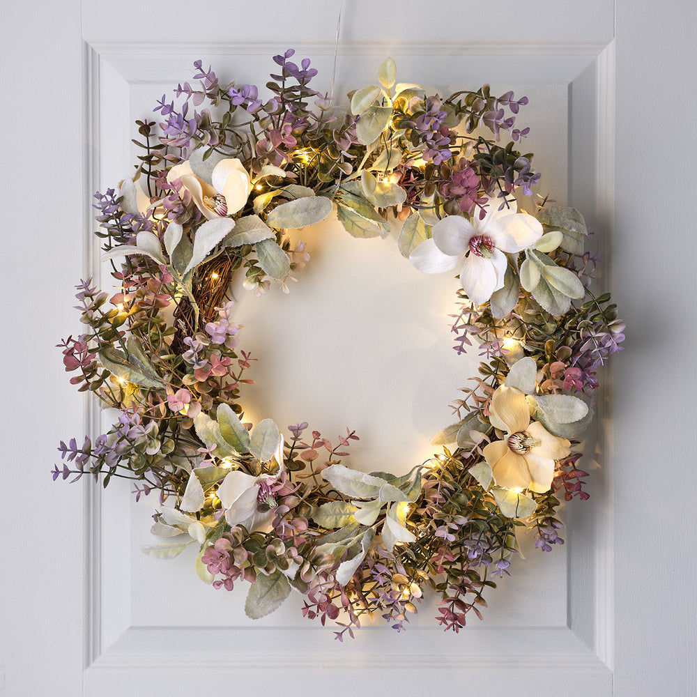 Grande Couronne de Fleurs Printanières Pré-éclairée de 60 cm