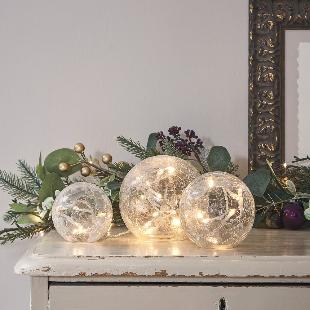 3 Boules Lumineuses en Verre Craquelé à Brancher ou à PIles