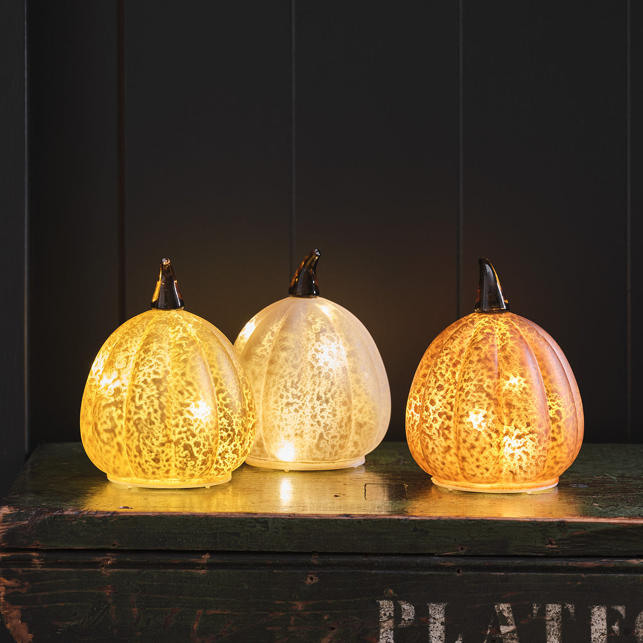 Lot de 3 Citrouilles Lumineuses en Verre à la Patine Blanche