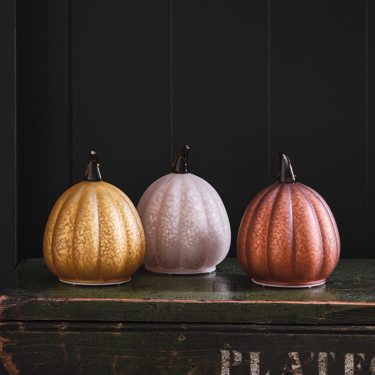 Lot de 3 Citrouilles Lumineuses en Verre à la Patine Blanche