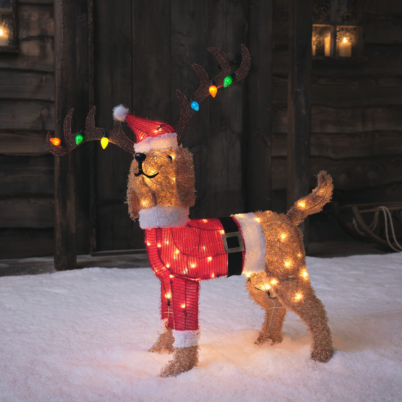 Chien Lumineux avec Bois de Cerf à Guirlande Multicolore, Figurine de Noël de 80 cm