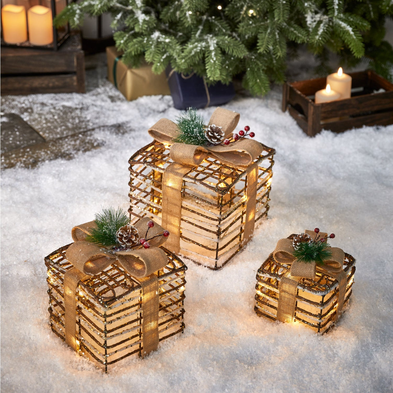 Lot de 3 Décorations Lumineuses Cadeaux De Noël en Rotin