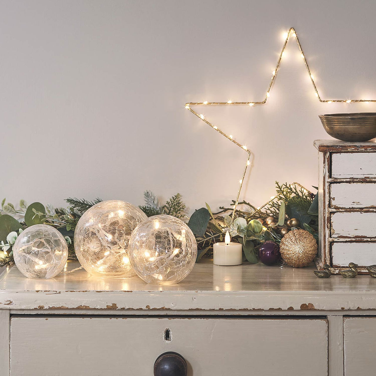 3 Boules Lumineuses en Verre Craquelé à Brancher ou à PIles