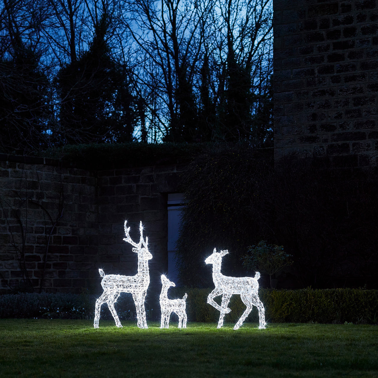 Famille de rennes de Noël avec lumières LED en structure d'acier